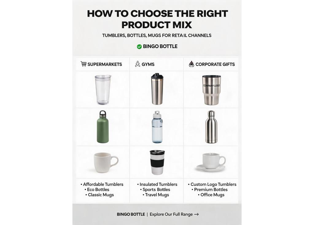 How to choose the right product mix of tumblers, bottles, and mugs for different retail channels (supermarkets, gyms, corporate gifts)?