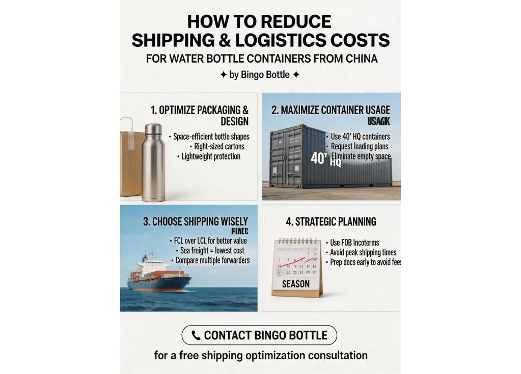 How can I reduce shipping and logistics costs for a large container of water bottles from China?