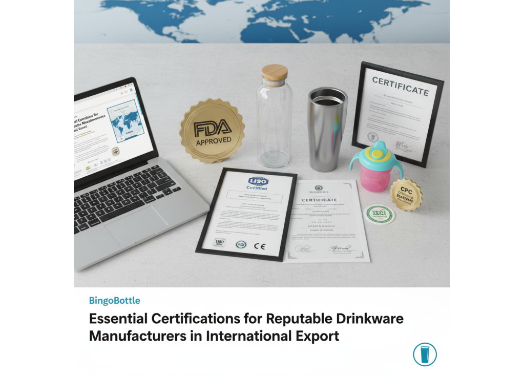 What certifications should a reputable drinkware manufacturer have for international export?
