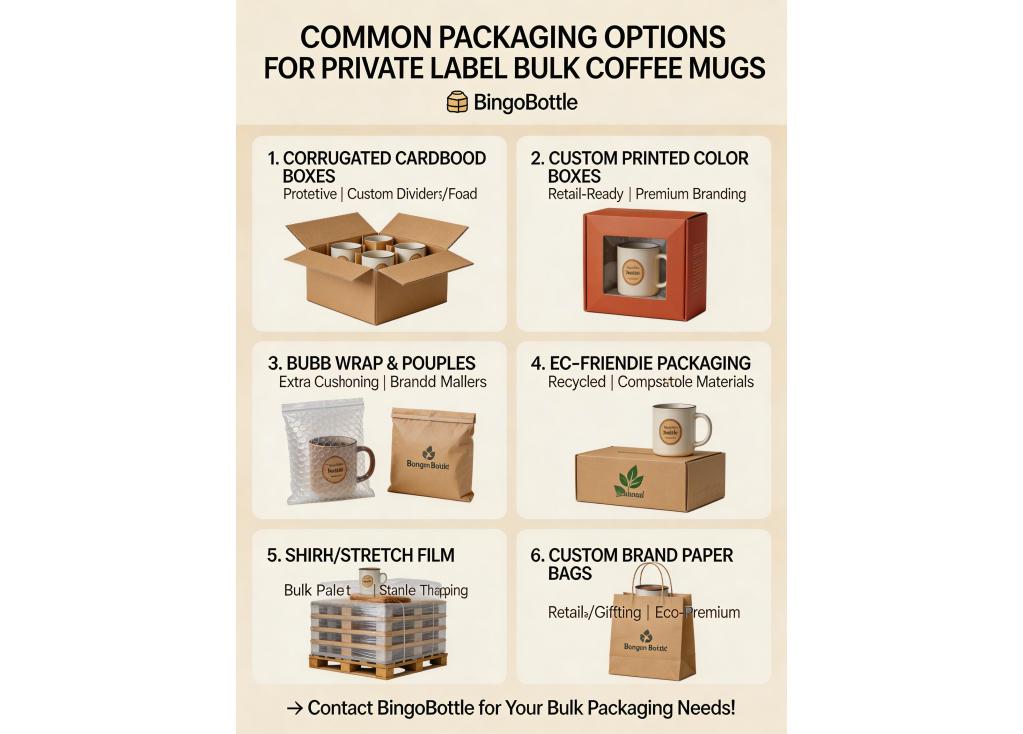 What are the common packaging options available for private label bulk orders of coffee mugs?
