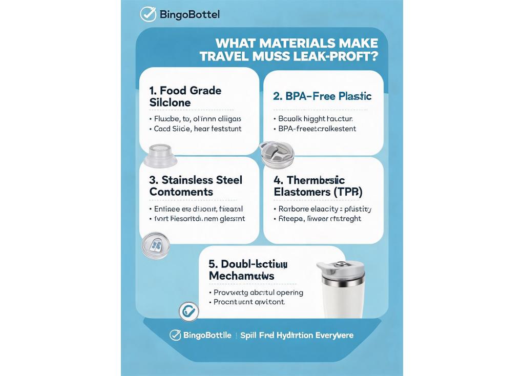 What materials are used for lids and seals to ensure leak-proof performance in travel mugs?