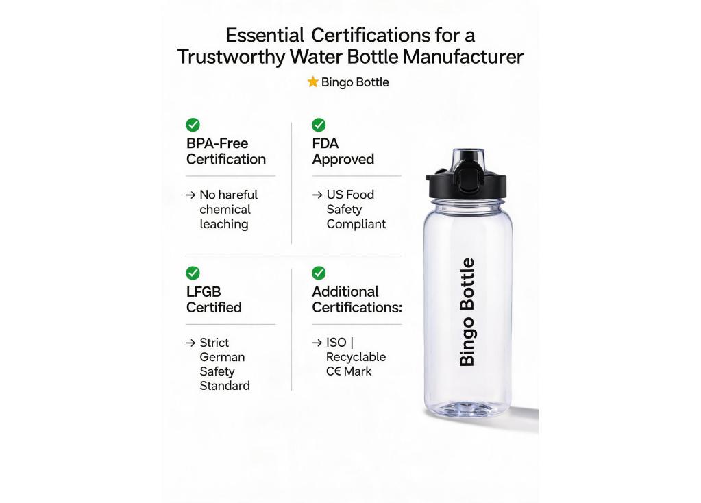 What certifications (e.g., BPA-free, FDA, LFGB) should a reputable water bottle manufacturer have?