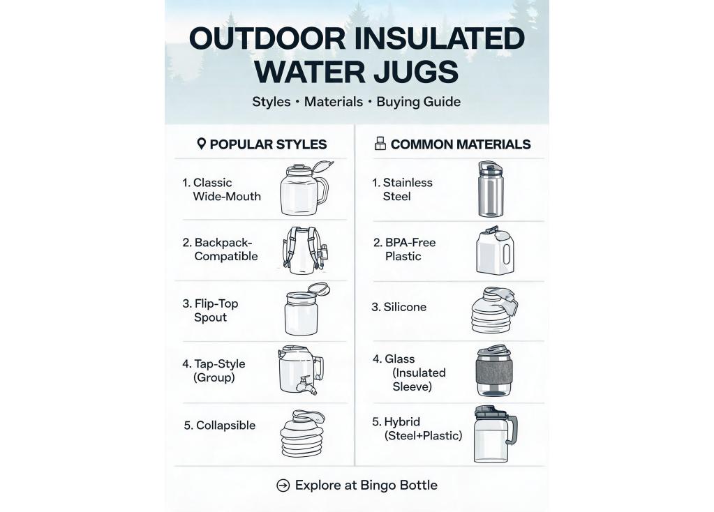 What are the popular styles and materials for large capacity insulated water jugs for outdoor activities?