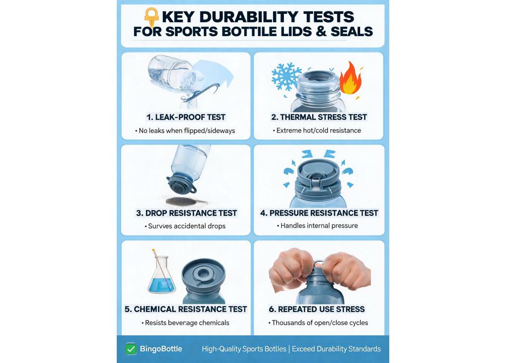 What are the key durability tests performed on sports bottle lids and seals?