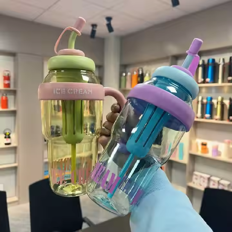 1200ml Big Belly Coffee Cup Bulk Plastic Bottle with Straw & Built-in Tea Filter