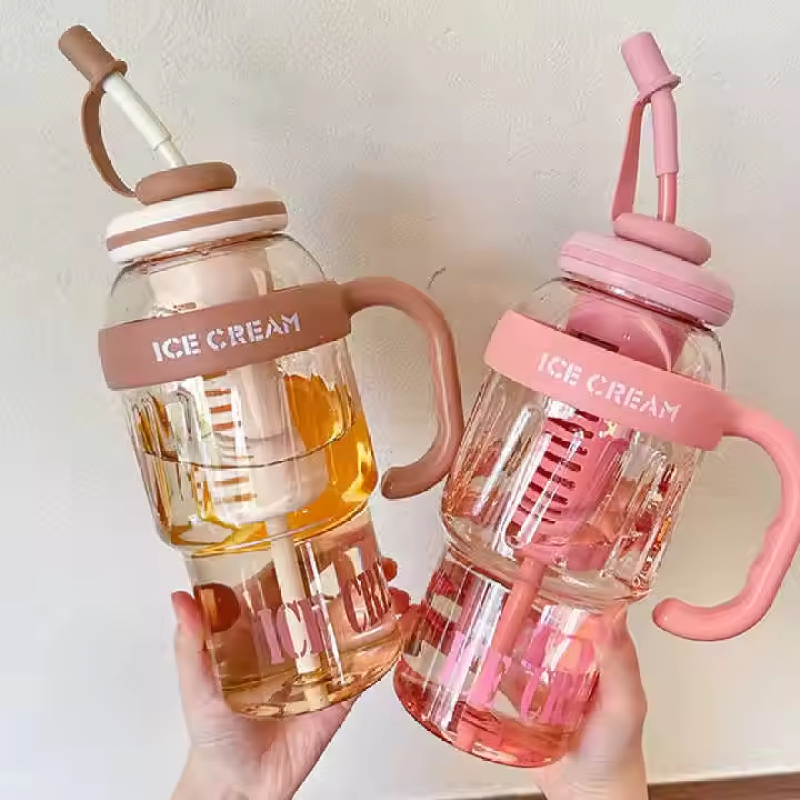 1200ml Big Belly Coffee Cup Bulk Plastic Bottle with Straw & Built-in Tea Filter