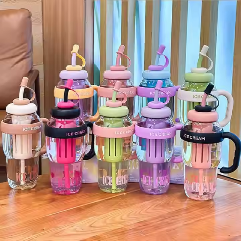 1200ml Big Belly Coffee Cup Bulk Plastic Bottle with Straw & Built-in Tea Filter