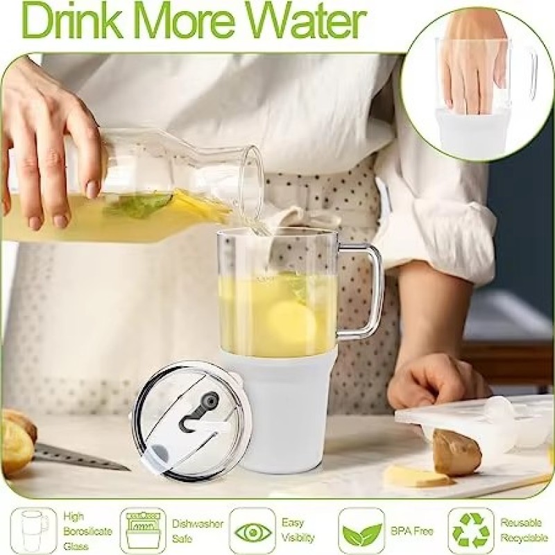 32 oz Iced Coffee Glass Cup Reusable Portable Travel Coffee Glass Water Bottle with Handle Lid Straw Silicone Sleeve