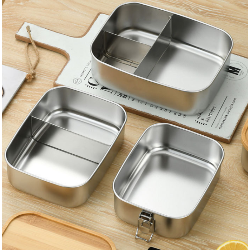 2025 Hot Sell 304 Food Grade Rectangular Stainless Steel Lunch Box with Bamboo Lid Ideal for Outdoor & Portable Bento