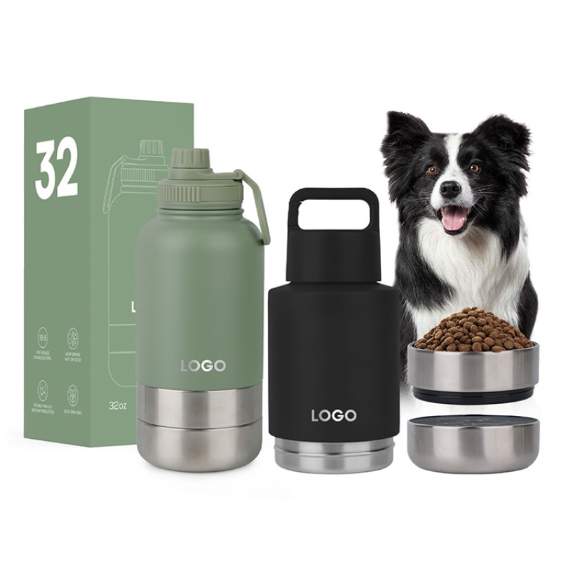 3 in 1 32oz Stainless Steel Insulated Water Bottle Portable Dog Travel Bottle with Two Detachable Water Food Container Bowls