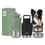 3 in 1 32oz Stainless Steel Insulated Water Bottle Portable Dog Travel Bottle with Two Detachable Water Food Container Bowls