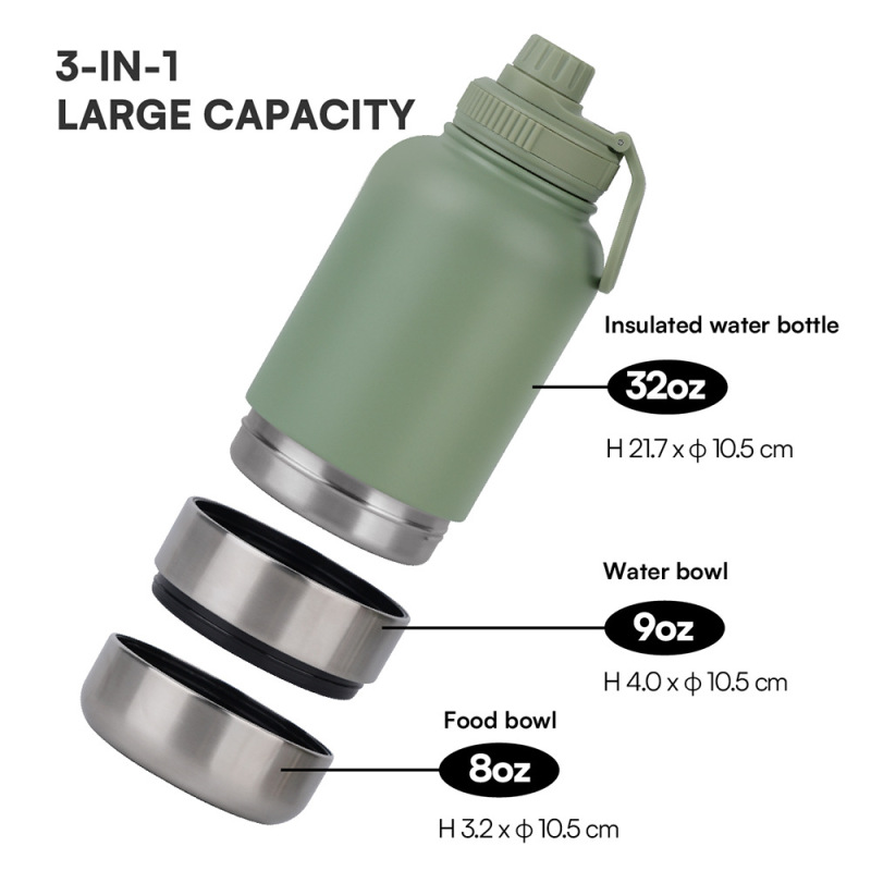 3 in 1 32oz Stainless Steel Insulated Water Bottle Portable Dog Travel Bottle with Two Detachable Water Food Container Bowls
