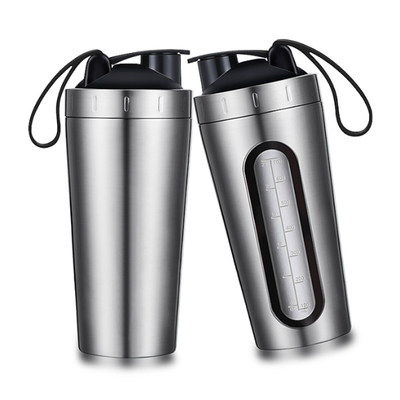 Eco Friendly 700ml Stainless Steel Shakers Bottle With Measuring Window Metal Protein GYM Mixer
