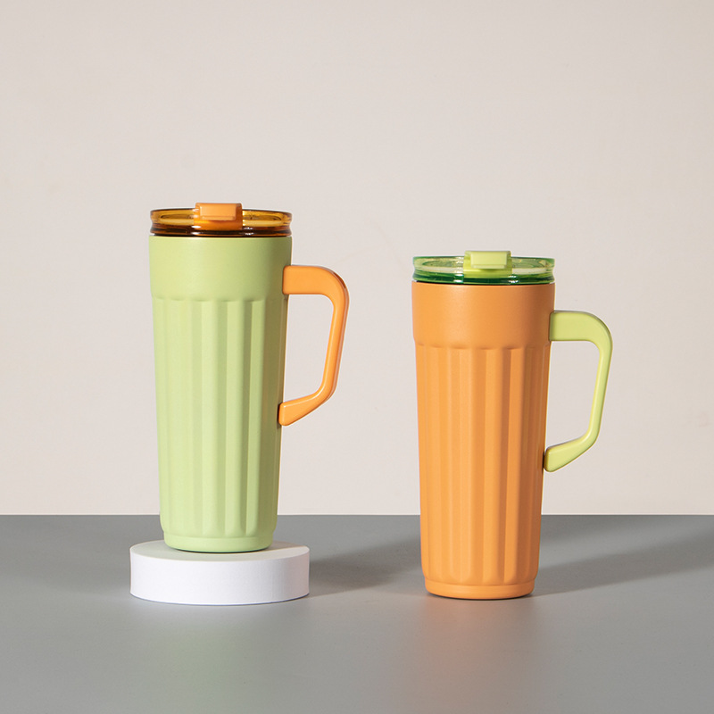 New Exclusive Private Mold 520ml Vertical Stripe Handle c - Stainless Steel Insulated Coffee Tumbler with Straw