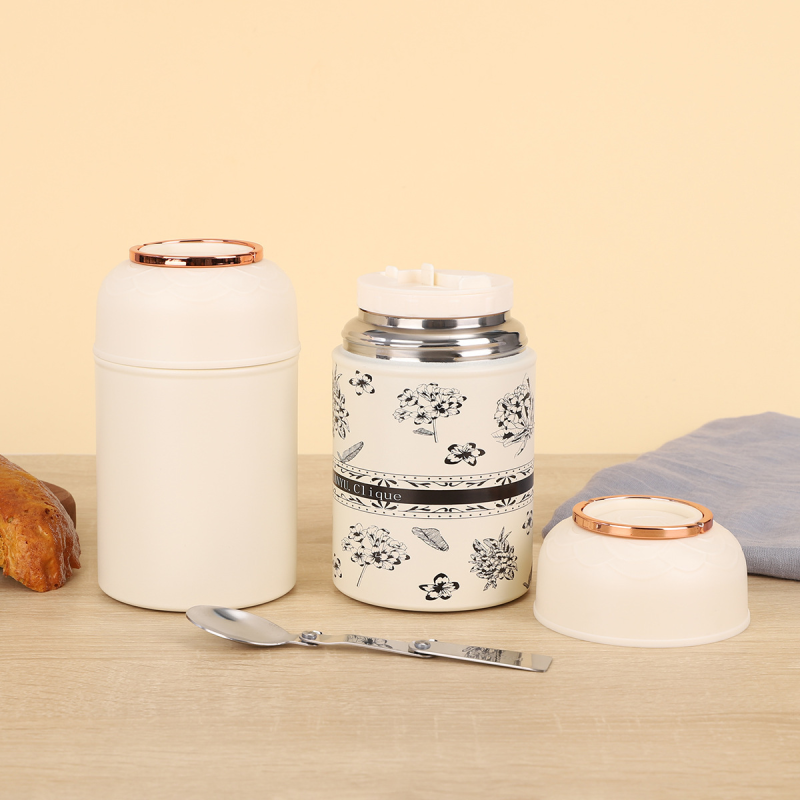 New 316 Stainless Steel Vacuum Insulated Printed Food Container Portable Food Jar Thermos Lunch Soup Box with Handle Lid&Spoon