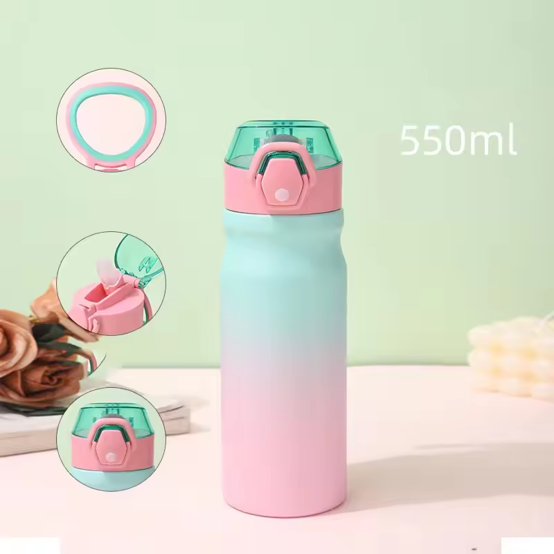 Novelty Large Capacity Custom logo Engraved Double Wall 304 Stainless Steel Sport Water Bottle Flip Top Lids Cute Kid Wholesale