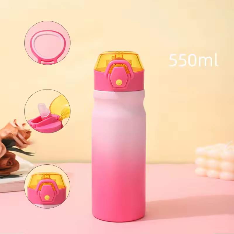 Novelty Large Capacity Custom logo Engraved Double Wall 304 Stainless Steel Sport Water Bottle Flip Top Lids Cute Kid Wholesale