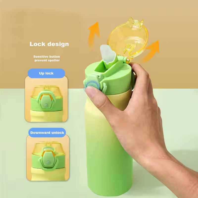 Novelty Large Capacity Custom logo Engraved Double Wall 304 Stainless Steel Sport Water Bottle Flip Top Lids Cute Kid Wholesale