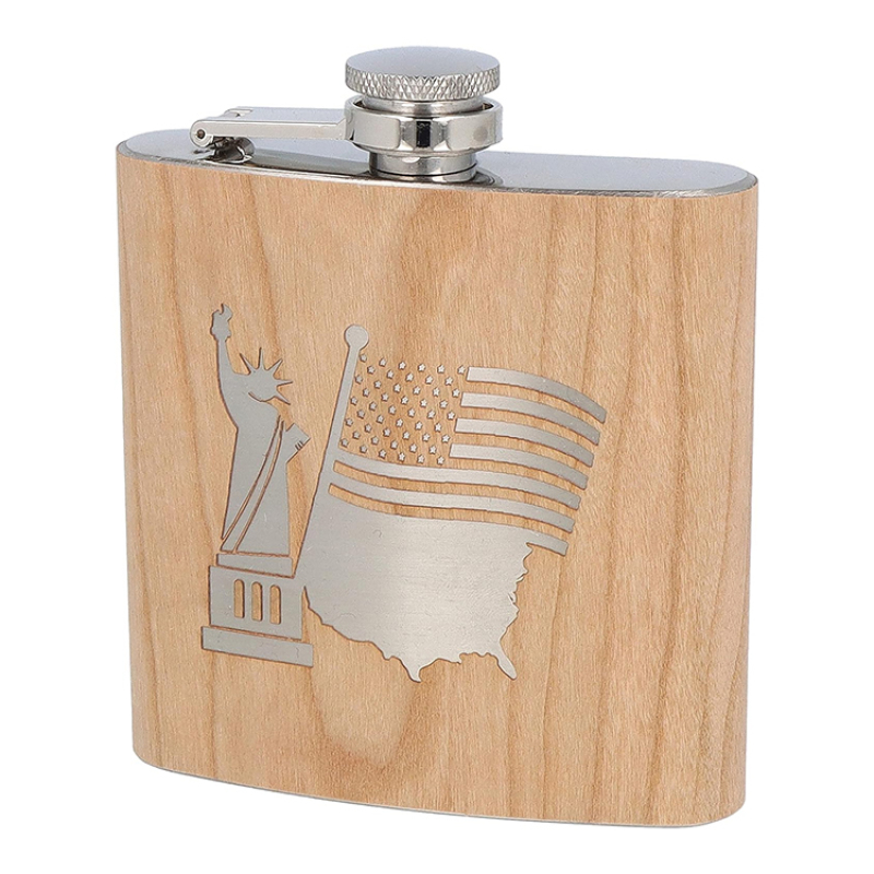 Custom Logo 6oz Mini Stainless Steel Liquor Hip Flask With Modern Design Wooden Grain Liquor Flask for Travel for Men and Women
