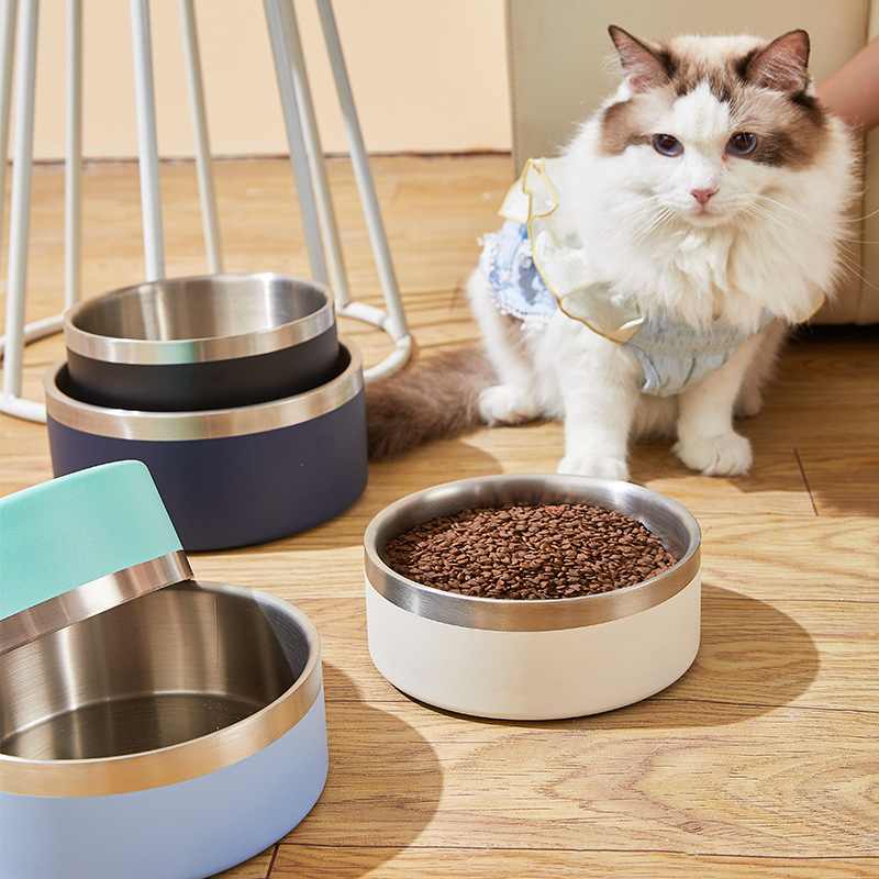 Custom Logo Eco-friendly Double Wall Insulated Stainless Steel Pet Bowls Anti Slip Rubber Bottom Cat and Dog Food & Water Bowls