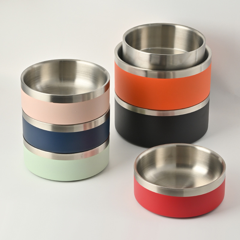 Custom Logo Eco-friendly Double Wall Insulated Stainless Steel Pet Bowls Anti Slip Rubber Bottom Cat and Dog Food & Water Bowls