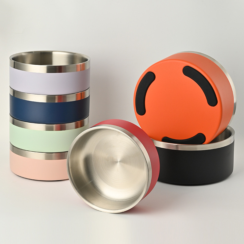 Custom Logo Eco-friendly Double Wall Insulated Stainless Steel Pet Bowls Anti Slip Rubber Bottom Cat and Dog Food & Water Bowls