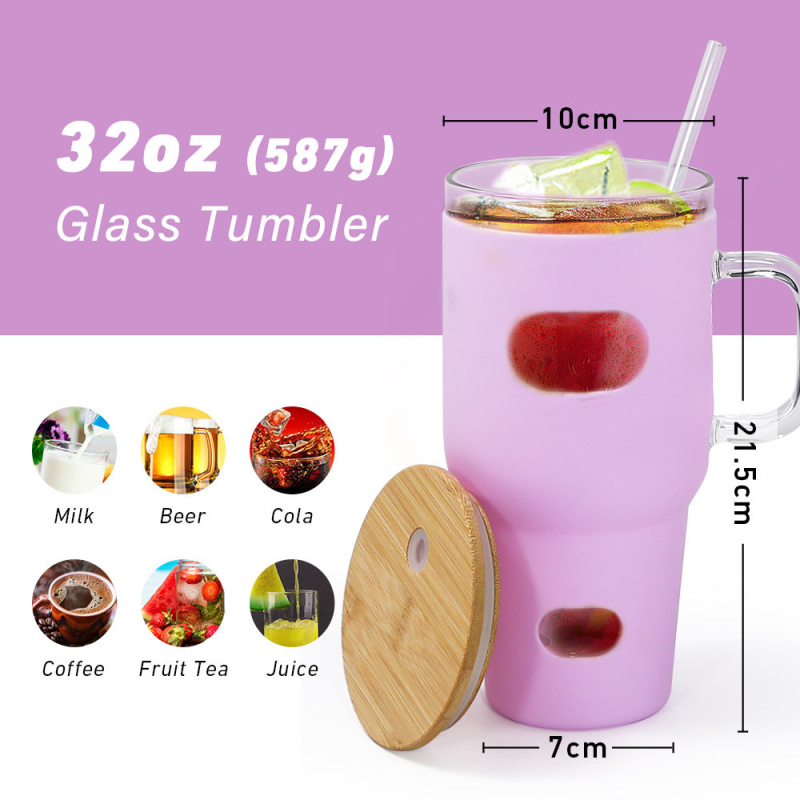 Wholesale Silicone Sleeve Bamboo Lid Cup with Time Marker Handle Straw Coffee Reusable Water Bottles Glass Tumbler for Camping