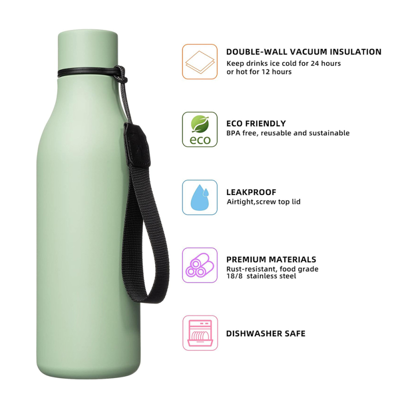 Insulated Water Bottle with Strap 17 oz Double Wall 304 Stainless Steel Logo Thermos Vacuum Bottles Metal Water Flask