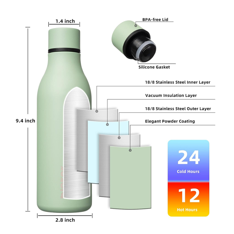 Insulated Water Bottle with Strap 17 oz Double Wall 304 Stainless Steel Logo Thermos Vacuum Bottles Metal Water Flask