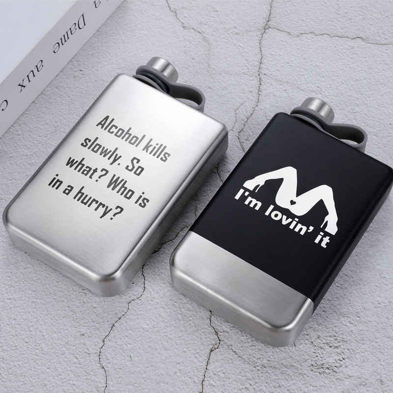 Portable 9oz Stainless Steel Hip Flask with Double Color Laser Logo Custom Mini Wine Whisky for Travel Metal Black Square Shape