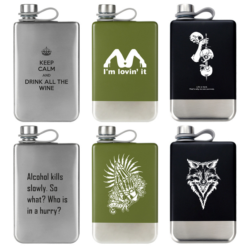 Portable 9oz Stainless Steel Hip Flask with Double Color Laser Logo Custom Mini Wine Whisky for Travel Metal Black Square Shape