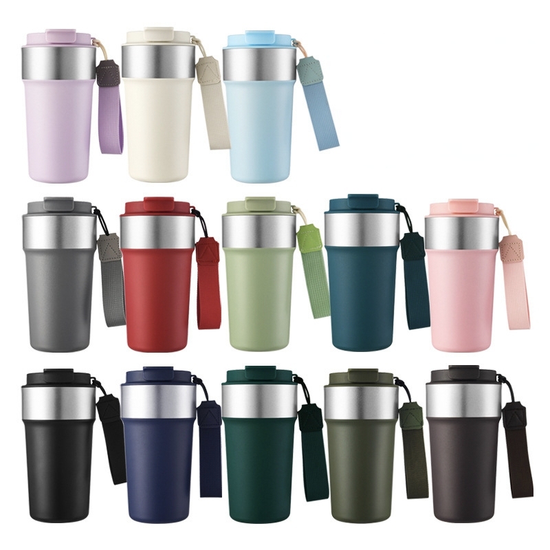 Custom 500ml Stainless Steel Coffee Cups Car Travel Double Drink Straw Mugs Vacuum Insulated Tumbler with Portable Strap