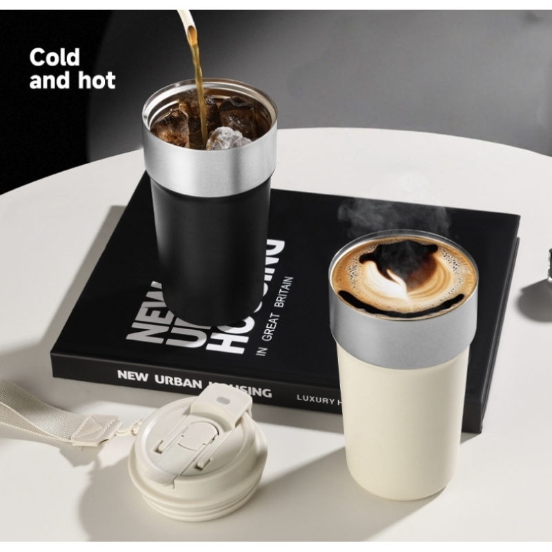 Custom 500ml Stainless Steel Coffee Cups Car Travel Double Drink Straw Mugs Vacuum Insulated Tumbler with Portable Strap