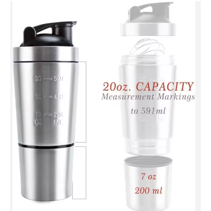 Wholesale Products Mixing Bottle With 7oz Powder Container Stainless Steel Protein Blending Protein Shaker Bottle Spout Lid