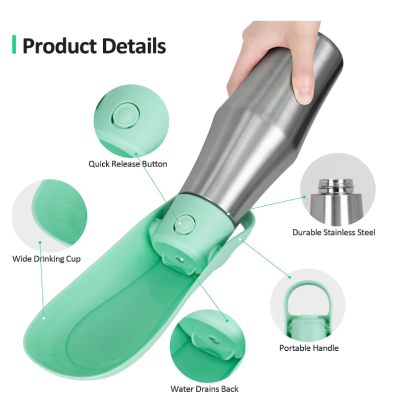 Outdoor 18/8 Stainless Steel Dog Water Bottle Leak Proof Portable 750ml Dog Drinking Water Bottle Dog Feeder with Bowl