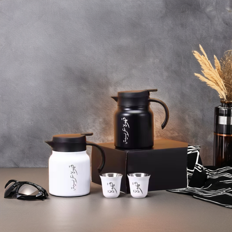 High Quality Double Vacuum Stainless Steel Pot Set with Two Cups Custom Arabic Logo Exquisite Business Gift  for Coffee