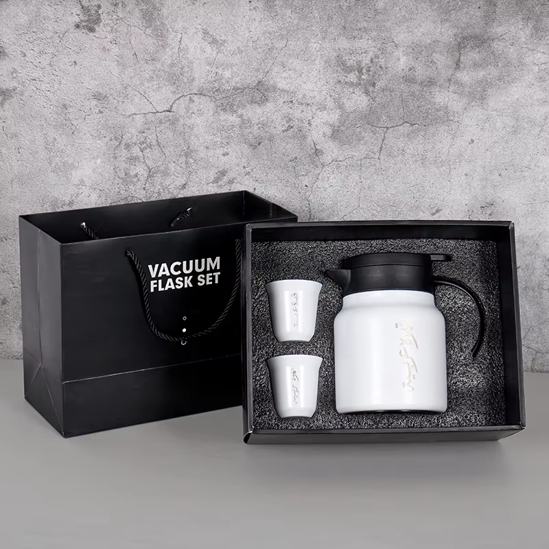 High Quality Double Vacuum Stainless Steel Pot Set with Two Cups Custom Arabic Logo Exquisite Business Gift for Coffee