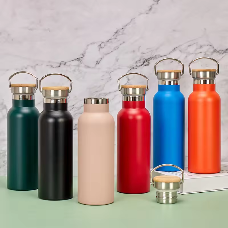 Customized Double-Wall Stainless Steel Insulated Thermal Flasks Modern Design Style Bicycle Sport Water Bottle With Bamboo Lid