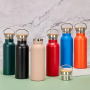 Customized Double-Wall Stainless Steel Insulated Thermal Flasks Modern Design Style Bicycle Sport Water Bottle With Bamboo Lid