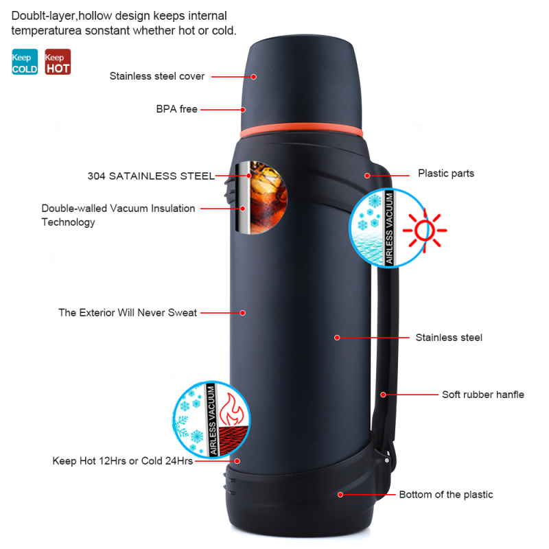 2L 2.5L Double Wall Vacuum Thermos Outdoor Travel Flask Leak Proof Stainless Steel Water Bottle With Belt