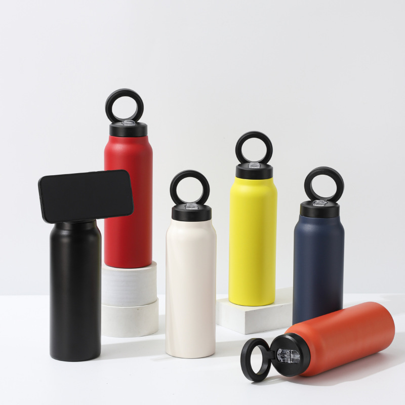 Adjustable Magnetic Wireless Water Bottle Phone Holder 24oz Stainless Steel Vacuum Sports Bottle With Cell Phone Holder