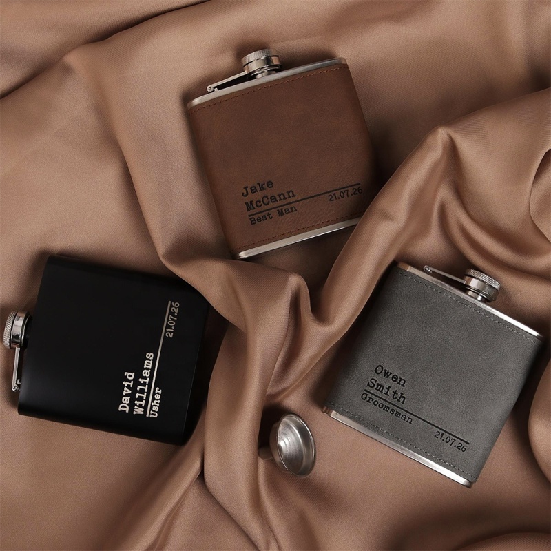 High-End 6 oz Black Stainless Steel Flask with Laserable Leatherette High Quality Hip Flask Blanks Set for Men