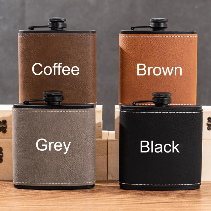 High-End 6 oz Black Stainless Steel Flask with Laserable Leatherette High Quality Hip Flask Blanks Set for Men