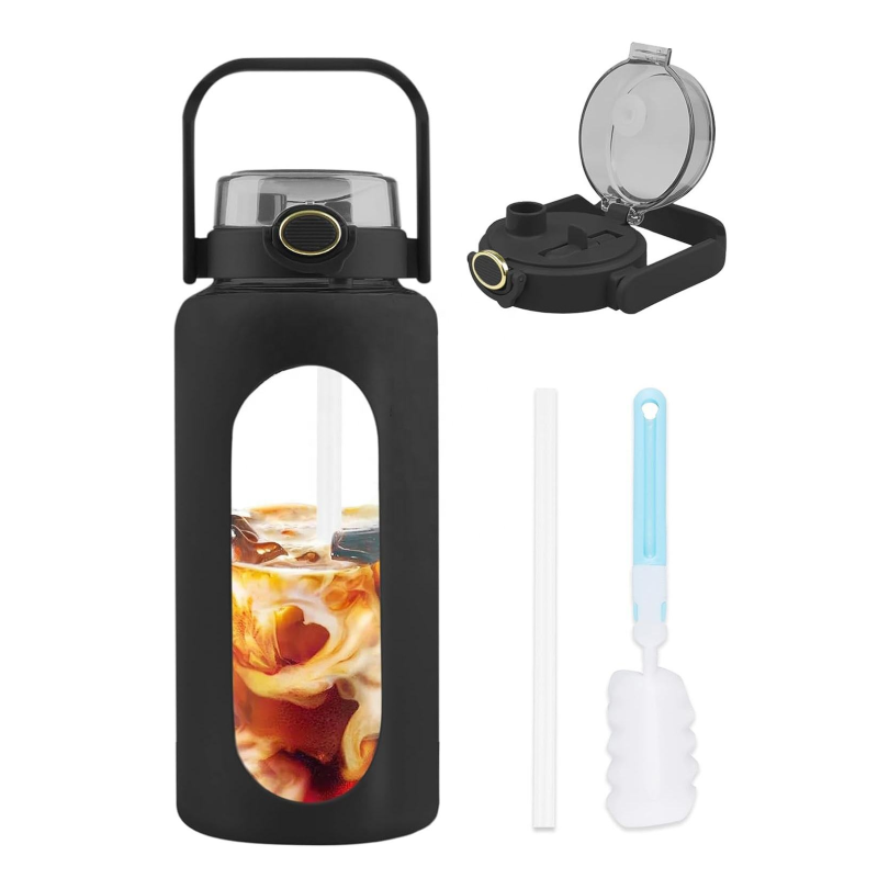 Large Capacity Custom 64oz Glass Water Bottle with Straw Lid Half Gallon Large Water Bottle with Silicone Sleeve For Travel