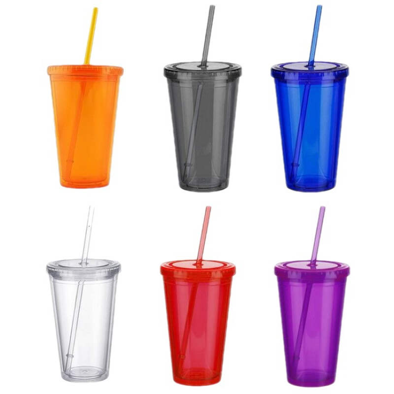 Big Capacity Custom Logo Food Safe Double Wall Plastic Water Bottle Flask with Straw Lid AS PS Material Coffee Mug Milk Tea Cup