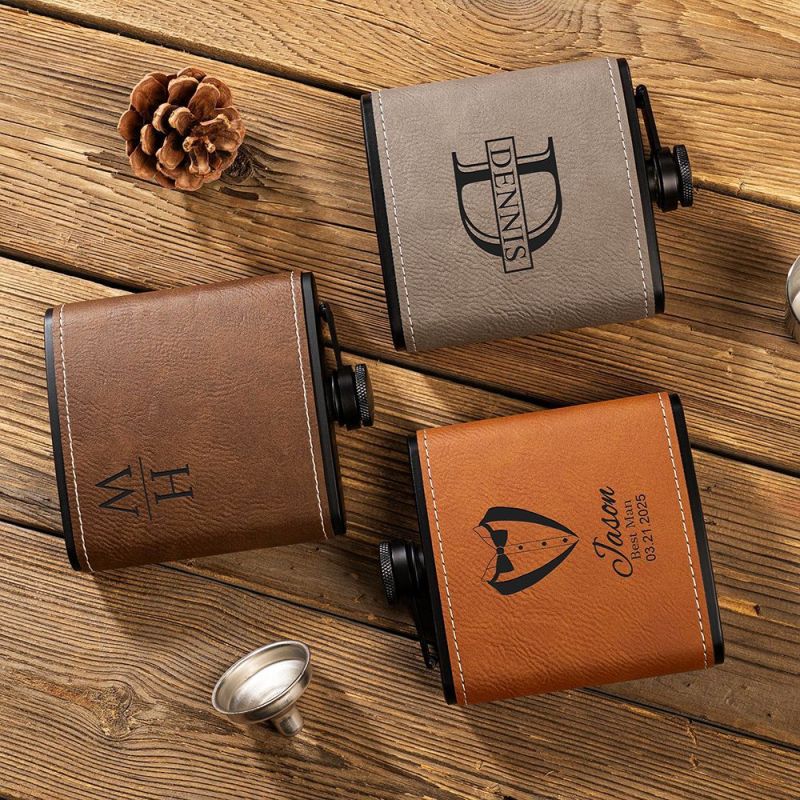 Stainless Steel Colorful 6oz Matte Black Pocket Hip Flasks PU Leather Liquor Flask for Outdoor Travel Camping Wedding Party