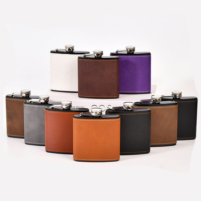 Stainless Steel Colorful 6oz Matte Black Pocket Hip Flasks PU Leather Liquor Flask for Outdoor Travel Camping Wedding Party