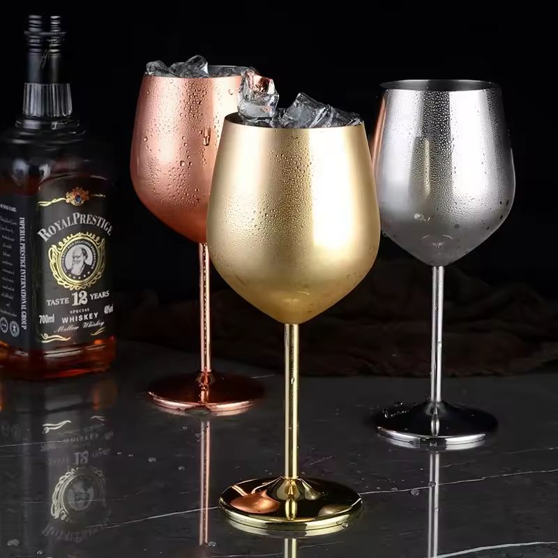 Custom Logo High Quality Luxury 500ml Red Wine & Champagne Glass Goblet Modern Stainless Steel Stemmed Glass Metal Material Cup