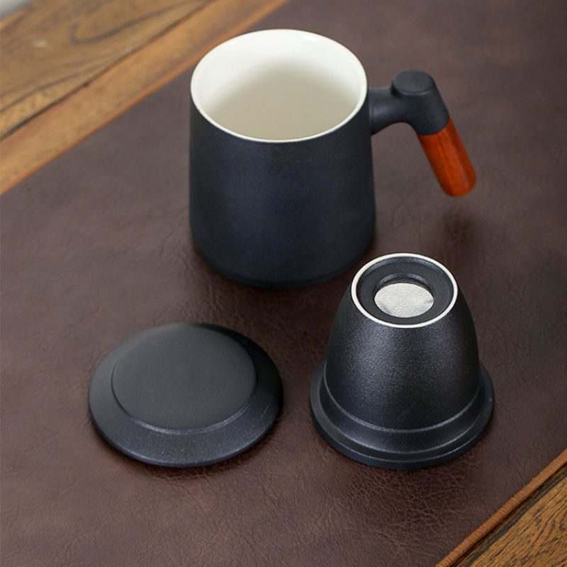 Custom Logo Ceramic Tea Cup with Wood Handle & Strainer