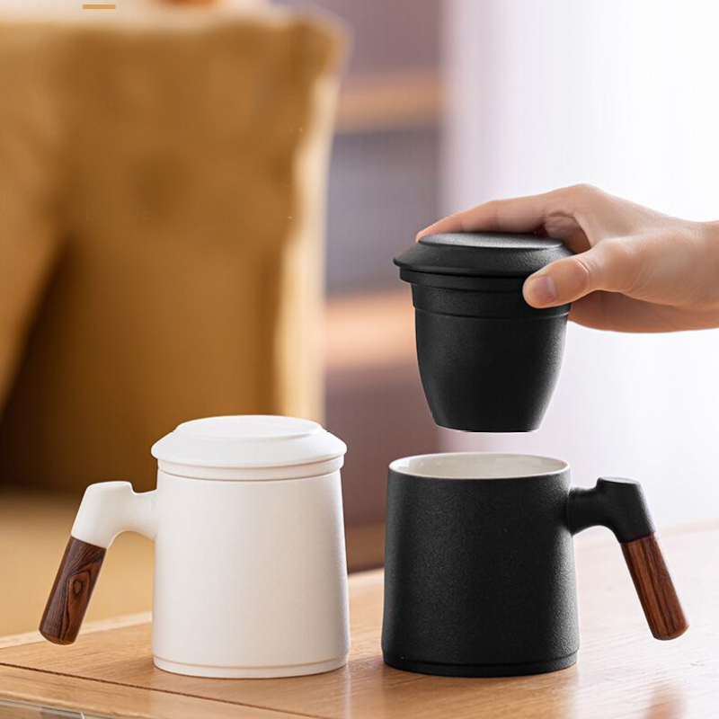 Custom Logo Ceramic Tea Cup with Wood Handle & Strainer
